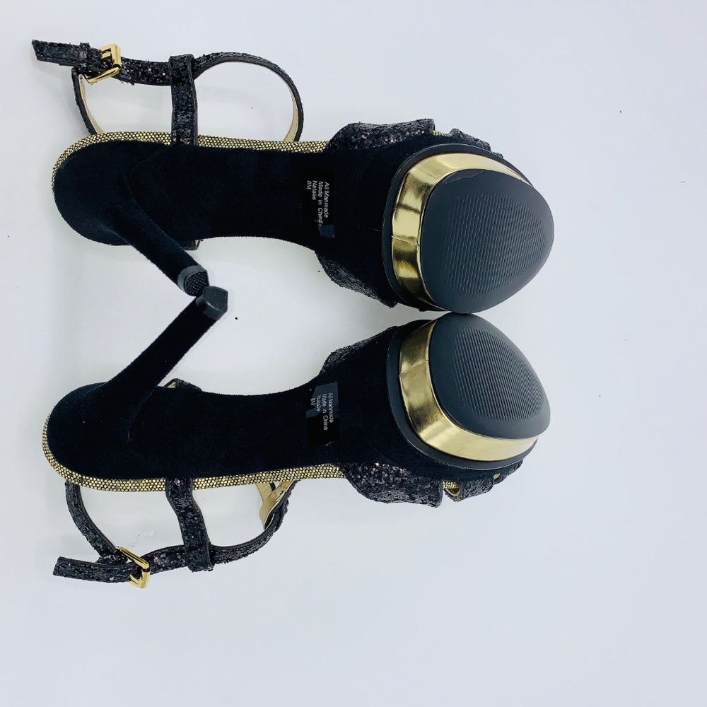 Falchi Natalie Women's Black/Gold Peep Toe Heels - Picture 6 of 6